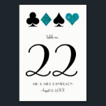 Las Vegas Blauwgroen Glitter Aangepast Tafelnummer<br><div class="desc">Zwarte en blauwgroen glitterkaartpakken zien er glitzy uit op dit dubbelzijdige witte tafelnummer met een Vegas-thema is een geweldige aanvulling op uw receptiedecor. Personaliseer alle tekst, inclusief de naam van de tafel, het nummer en word creatief met de twee regels tekst onderaan met je nieuwe achternamen, trouwdatum, locatie en zelfs...</div>