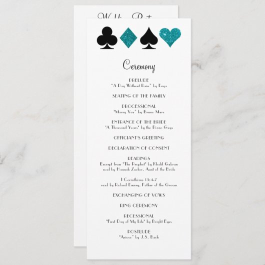 Las Vegas Blauwgroen Glitter Trouwprogramma Programmakaart (Voorkant / Achterkant)