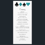 Las Vegas Blauwgroen Glitter Trouwprogramma Programmakaart<br><div class="desc">Elegante tekst is gemakkelijk gepersonaliseerd op dit chique,  magere formaat,  Vegas bruiloft programma. Zwart-wit voelt verfijnd wanneer ze worden geaccentueerd met blauwgroen glitter en zwarte kaartpakken.</div>