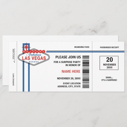 Las Vegas Boarding Pass Invitations Kaart (Voorkant / Achterkant)