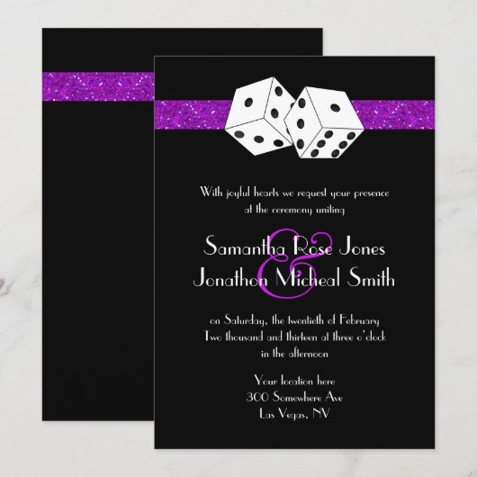 Las Vegas Bruiloft Dice Thema Paarse Faux Glitter Kaart (Voorkant / Achterkant)