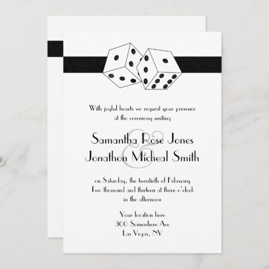 Las Vegas Bruiloft Dice Thema Wit en Zwart Kaart (Voorkant / Achterkant)