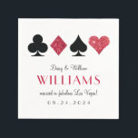 Las Vegas Bruiloft Rood en Zwart Cocktail Servet<br><div class="desc">De perfecte touch voor uw Las Vegas of casino thema receptie cocktail bar,  deze aangepaste servetten zijn voorzien van een fonkelende rode faux glitter en zwarte kaart pakken en de nieuwe getrouwde achternaam in prominente en chique tekst.</div>