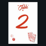 Las Vegas Casino bestemming bruiloft rood wit Kaart<br><div class="desc">Een unieke hand getekend Las Vegas Casino thema bruiloft ontwerp. Een moderne bestemming Las Vegas, Nevada bruiloft thema met speelkaarten, casino gokken thema illustraties. Een rood en wit Las Vegas bruiloft tafel nummer kaart ontwerp ideaal voor casino thema bruiloften. Bijpassende huwelijksuitnodigingen en andere briefpapier items zijn ook beschikbaar. Pas het...</div>