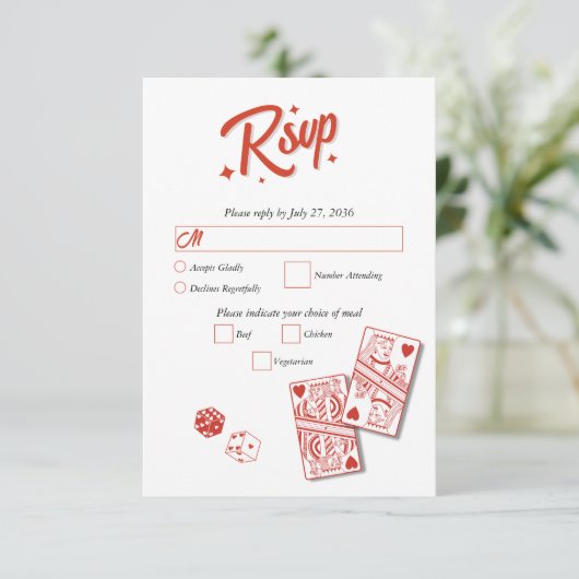 Las Vegas Casino Bestemming Huwelijk Rood RSVP Kaartje (Staand voorkant)
