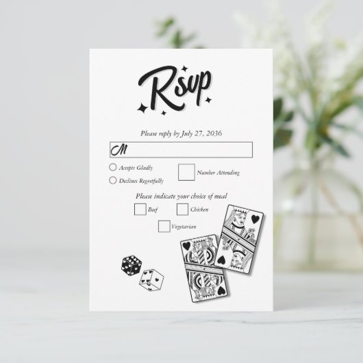 Las Vegas Casino Bestemming Huwelijk Zwart RSVP Kaartje (Staand voorkant)