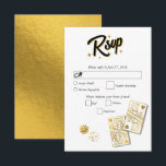 Las Vegas Casino Bestemming Wedding Gold RSVP Kaartje<br><div class="desc">Een unieke hand getekend Las Vegas Casino thema bruiloft ontwerp. Een moderne bestemming Las Vegas,  Nevada bruiloft thema met speelkaarten,  casino gokken thema illustraties. Een faux gouden Las Vegas bruiloft RSVP antwoord kaart ontwerp ideaal voor casino thema bruiloften. Bijpassende huwelijksuitnodigingen en andere briefpapier items zijn ook beschikbaar.</div>