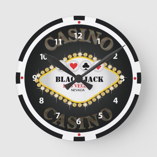 Las Vegas Casino Black Jack Chip Wall Clock Ronde Klok (Voorkant)