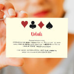 Las Vegas Casino Black Off-White Wedding Details Informatiekaartje<br><div class="desc">Duw uw uw gasten door hen deze geweldige zwarte,  crème witte,  en rode poker speelkaartjes te verzenden detailleert omsluitingskaart samen met hun uitnodiging. Ze zullen de informatie hebben die ze nodig hebben om hun reis te boeken en ze zullen vol spanning wachten op deze leuke bruiloft.</div>