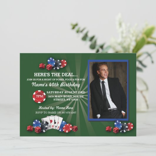 Las Vegas Casino Night Birthday Party Photo Invite Kaart (Staand voorkant)