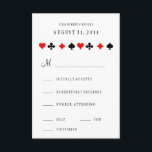 Las Vegas Casino Poker Cards Wedding RSVP Kaart<br><div class="desc">Harten, Schoppen, Diamanten en Clubs patroon band RSVP kaart. Perfect voor een casino, poker thema of Las Vegas bruiloft. Retro stijl tekst geeft het een hip flare. "Pas het aan" om maaltijdopties te verwijderen als ze niet nodig zijn. De achterkant heeft rode diamanten, je kunt er ook een achtergrondkleur achter...</div>