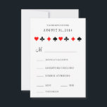 Las Vegas Casino Poker Cards Wedding RSVP Kaart<br><div class="desc">Harten, Schoppen, Diamanten en Clubs patroon band RSVP kaart. Perfect voor een casino, poker thema of Las Vegas bruiloft. Retro stijl tekst geeft het een hip flare. "Pas het aan" om maaltijdopties te verwijderen als ze niet nodig zijn. De achterkant heeft rode diamanten, je kunt er ook een achtergrondkleur achter...</div>