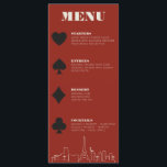Las Vegas Casino Skyline bruiloft receptie Menu<br><div class="desc">Een leuke en moderne bestemming bruiloft Las Vegas skyline Dinner Menu dat een speciaal aangepaste detail zal toevoegen aan uw Las Vegas evenement! Dit huwelijksmenu is voorzien van grafiet zwart vet speelkaart pak graphics, een moderne Las Vegas skyline rendering, en volledig aanpasbaar lettertype en tekst op casino rode achtergrond. Ideaal...</div>