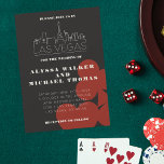 Las Vegas Casino Skyline Huwelijksuitnodiging Kaart<br><div class="desc">Een leuke en moderne huwelijksuitnodiging om uw gasten uit te nodigen voor uw evenement in Las Vegas! Deze uitnodiging is voorzien van rood vet speelkaart pak graphics, een moderne Las Vegas skyline rendering, en volledig aanpasbaar lettertype en tekst op grafiet zwarte achtergrond. Op de achterkant kunt u bewerken voor uw...</div>