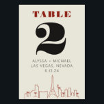 Las Vegas Casino Skyline Wedding Kaart<br><div class="desc">Een leuke en moderne Las Vegas Casino Skyline Trouwtafel nummer kaart die een aangepaste touch zal toevoegen aan uw evenement in Las Vegas! Dit nummer van de trouwtafel is voorzien van een moderne rendering van de skyline van Las Vegas en volledig aanpasbaar lettertype en tekst op een ivoren crèmeachtergrond. Ideaal...</div>
