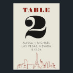 Las Vegas Casino Skyline Wedding Kaart<br><div class="desc">Een leuke en moderne Las Vegas Casino Skyline Trouwtafel nummer kaart die een aangepaste touch zal toevoegen aan uw evenement in Las Vegas! Dit nummer van de trouwtafel is voorzien van een moderne rendering van de skyline van Las Vegas en volledig aanpasbaar lettertype en tekst op een ivoren crèmeachtergrond. Ideaal...</div>
