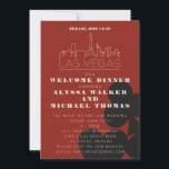 Las Vegas Casino Skyline Wedding repetitie diner Kaart<br><div class="desc">Een leuke en moderne bruiloft welkomstdiner of repetitie diner uitnodiging om uw gasten uit te nodigen voor uw evenement in Las Vegas! Deze uitnodiging is voorzien van grafiet zwart vet speelkaart pak graphics, een moderne Las Vegas skyline rendering, en volledig aanpasbaar lettertype en tekst op casino rode achtergrond. Op de...</div>