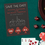 Las Vegas Casino Skyline Wedding Sla de datum op Kaart<br><div class="desc">Een leuke en moderne bruiloft Save the Date om uw gasten te enthousiasmeren voor uw bruiloft in Las Vegas! Deze Save the Date beschikt over casino rood vet speelkaartpak graphics, een moderne Las Vegas skyline rendering, en volledig aanpasbaar lettertype en tekst op grafiet zwarte achtergrond. Op de achterkant kunt u...</div>