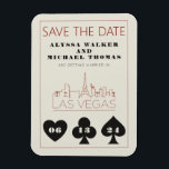 Las Vegas Casino Skyline Wedding Sla de datum op Magneet<br><div class="desc">Een leuke en moderne bruiloft Save the Date magneet om uw gasten te enthousiasmeren voor uw bruiloft in Las Vegas! Deze Save the Date is voorzien van grafiet zwart vet speelkaart pak graphics, een moderne Las Vegas skyline rendering, en volledig aanpasbaar lettertype en tekst op ivoor crème achtergrond. Op de...</div>