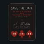 Las Vegas Casino Skyline Wedding Sla de datum op Magneet<br><div class="desc">Een leuke en moderne bruiloft Save the Date magneet om uw gasten te enthousiasmeren voor uw bruiloft in Las Vegas! Deze Save the Date beschikt over casino rood vet speelkaartpak graphics, een moderne Las Vegas skyline rendering, en volledig aanpasbaar lettertype en tekst op grafiet zwarte achtergrond. Perfect voor een trendy...</div>