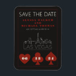 Las Vegas Casino Skyline Wedding Sla de datum op Magneet<br><div class="desc">Een leuke en moderne bruiloft Save the Date magneet om uw gasten te enthousiasmeren voor uw bruiloft in Las Vegas! Deze Save the Date beschikt over casino rood vet speelkaartpak graphics, een moderne Las Vegas skyline rendering, en volledig aanpasbaar lettertype en tekst op grafiet zwarte achtergrond. Perfect voor een trendy...</div>