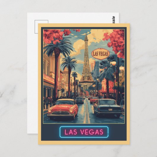 Las Vegas Cityscape met Eiffeltoren - Retro Briefkaart (Voorkant / Achterkant)