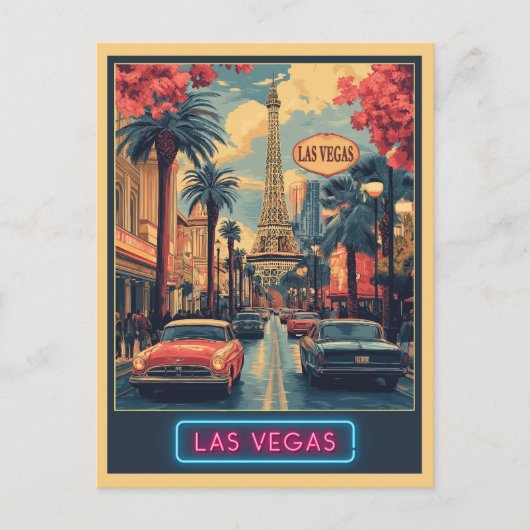 Las Vegas Cityscape met Eiffeltoren - Retro Briefkaart (Voorkant)