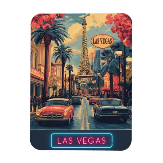 Las Vegas Cityscape met Eiffeltoren - Retro Magneet (Verticaal)