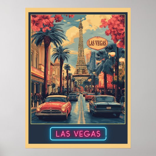 Las Vegas Cityscape met Eiffeltoren - Retro Poster (Voorkant)