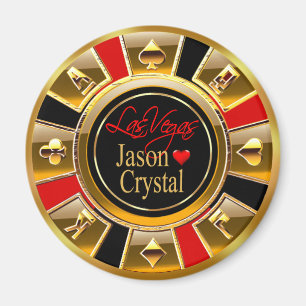 Las Vegas Deluxe Gold & Red Casino Chip Favor Magneet