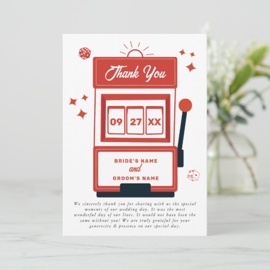 Las Vegas Destination Casino Slot Machine Wedding Bedankkaart (Staand voorkant)