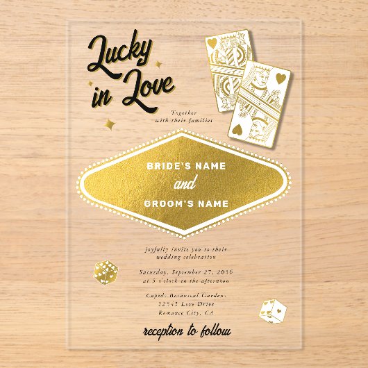 Las Vegas Destination Casino Wedding Lucky in Love Acryl Uitnodigingen (Voorkant)