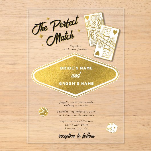 Las Vegas Destination Perfect Match Wedding Gold Acryl Uitnodigingen (Voorkant)