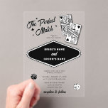 Las Vegas Destination Perfect Match Wedding Zwart Acryl Uitnodigingen<br><div class="desc">Een uniek handgetekende Las Vegas Casino thema bruiloft "de perfecte match" ontwerp. Een moderne bestemming Las Vegas,  Nevada bruiloft thema met speelkaarten,  casino gokken thema illustraties. Een zwart-wit Las Vegas bruiloft uitnodiging ontwerp ideaal voor casino thema bruiloften. Overeenkomende bruiloft briefpapier items en andere bruiloft uitnodigingsformaten zijn ook beschikbaar.</div>