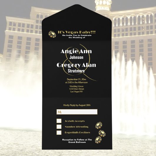 Las Vegas Destination Wedding Elegant Black Gold All In One Uitnodiging