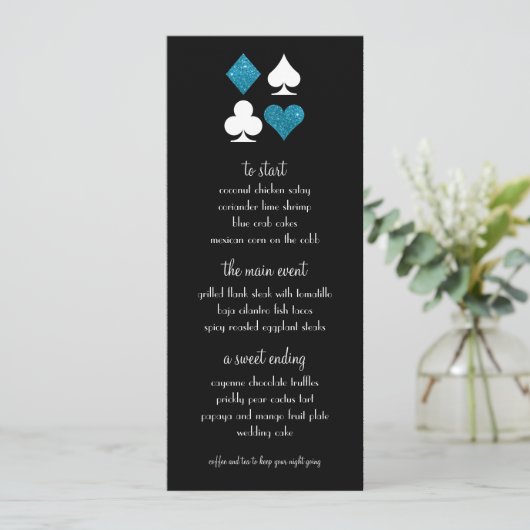 Las Vegas Destiny Blue Glitter Bruiloft Menu (Staand voorkant)