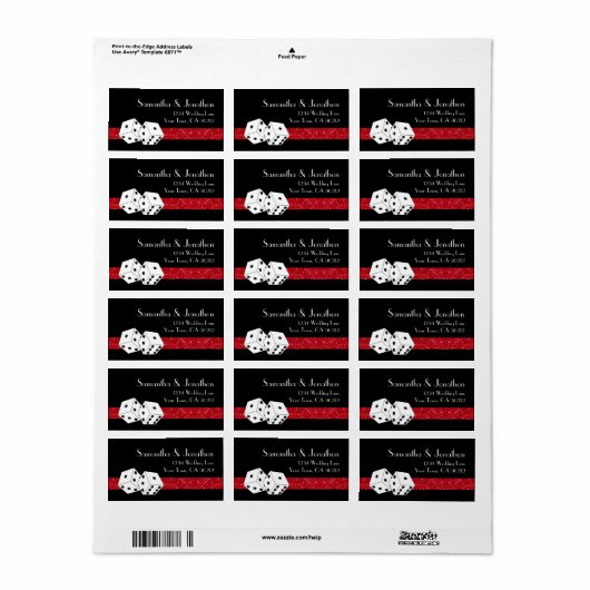 Las Vegas Dice Theme Ruby Rood & Zwart Faux Glitte Etiket (Full Sheet)