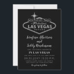 Las Vegas Fabulous Destination Wedding Invitation Kaart<br><div class="desc">Een uitnodiging voor een Las Vegas bruiloft met het geweldige lichtbord in een elegant faux zilveren folie-effect op een zwarte achtergrond, ontworpen met een bestemmingsbruiloft in gedachten inclusief ruimte voor optionele reizen en accommodatie op de achterkant, waardoor dit een betaalbare en chic casino chapel bruiloft is. Maak het met onze...</div>