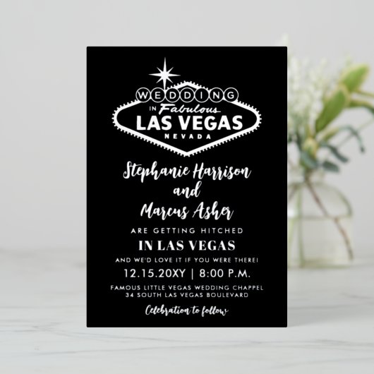 Las Vegas Huwelijk Zwart Zilver Info op achterkan Folie Uitnodiging (Staand Voorkant)