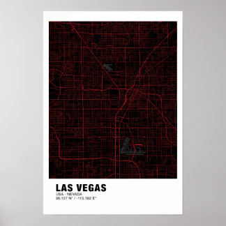Las Vegas Kaart Poster - Nevada Zwart & Rood Kaart