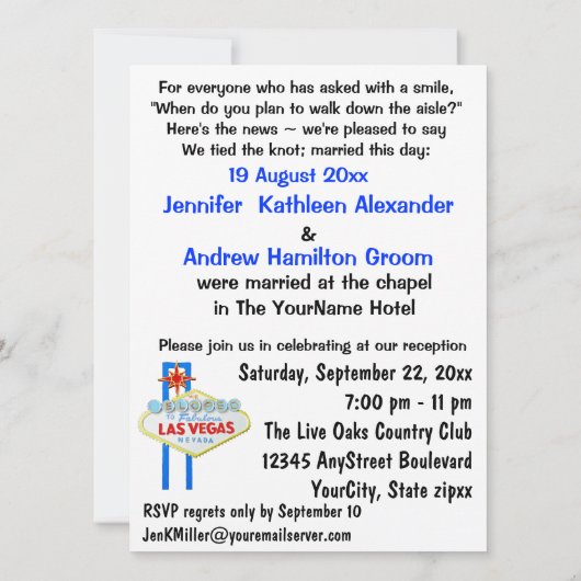 Las Vegas Marriage met Reception nodigt uit Kaart (Achterkant)