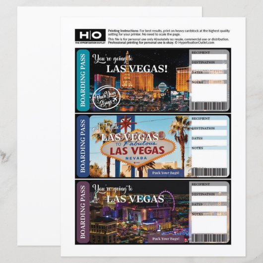 Las Vegas Mock Ticket voor reizen en evenementen (Voorkant / Achterkant)