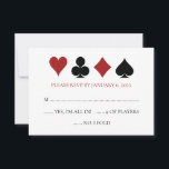 Las Vegas Poker Kaart Suits Wedding RSVP<br><div class="desc">Verras je gasten door ze deze fantastische zwarte,  witte en rode poker speelkaartpakken RSVP-kaart te sturen,  samen met hun uitnodiging. Ze zullen reikhalzend uitzien naar de formele uitnodiging voor deze zeker leuke bruiloft!</div>