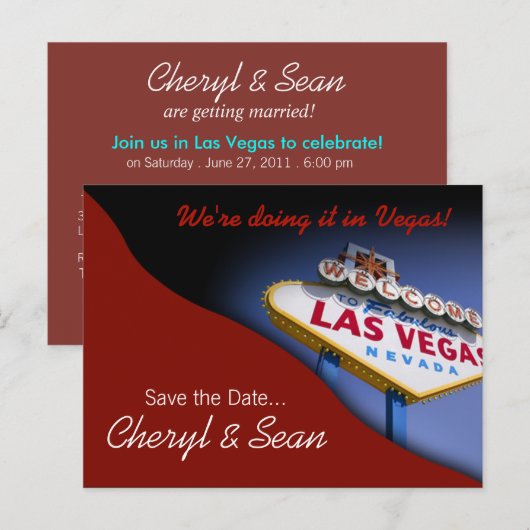 Las Vegas Save The Date (donkerrood) Aankondigingskaart (Voorkant / Achterkant)