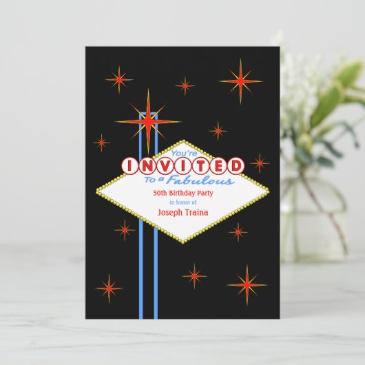 Las Vegas Sign Birthday Party Invitation Kaart (Staand voorkant)