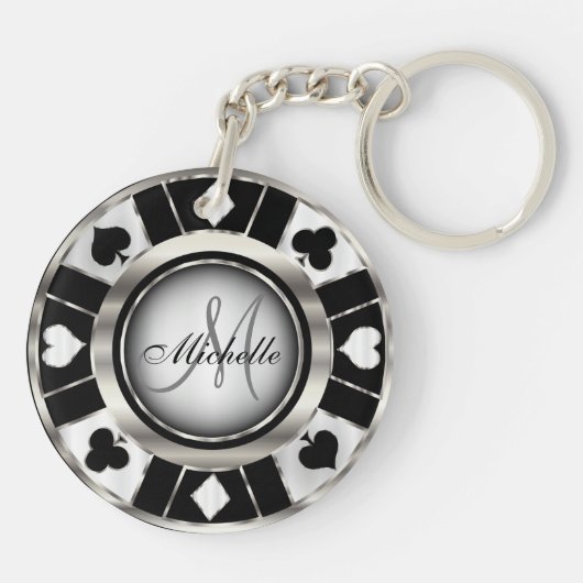 Las Vegas Silver & Black Poker Chip - Monogram Sleutelhanger (Achterkant)