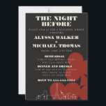 Las Vegas Skyline bruiloft repetitie diner Kaart<br><div class="desc">Een leuke en moderne bruiloft repetitie diner uitnodiging om uw gasten te informeren over uw evenement in Las Vegas! Deze uitnodiging voor het repetitiediner is voorzien van rode, gewaagde speelkaartkleuren, een moderne rendering van de skyline van Las Vegas en volledig aanpasbaar lettertype en tekst op een grafietzwarte achtergrond. Op de...</div>