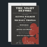 Las Vegas Skyline bruiloft repetitie diner Kaart<br><div class="desc">Een leuke en moderne bruiloft repetitie diner uitnodiging om uw gasten te informeren over uw evenement in Las Vegas! Deze uitnodiging voor het repetitiediner is voorzien van rode, gewaagde speelkaartkleuren, een moderne rendering van de skyline van Las Vegas en volledig aanpasbaar lettertype en tekst op een grafietzwarte achtergrond. Op de...</div>