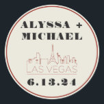 Las Vegas Skyline Casino Bruiloft  Ronde Sticker<br><div class="desc">Een leuke en moderne ronde sticker met Las Vegas skyline casino voor je evenement in Las Vegas! Deze op maat gemaakte ronde sticker heeft een casino rode Las Vegas skyline en volledig aanpasbare lettertype en tekst op een ivoorkleurige crème achtergrond. Perfect voor een trendy modern of klassiek traditioneel evenement -...</div>