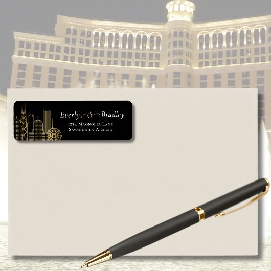 Las Vegas Skyline Zwart Wit Goud Elegant Script Etiket